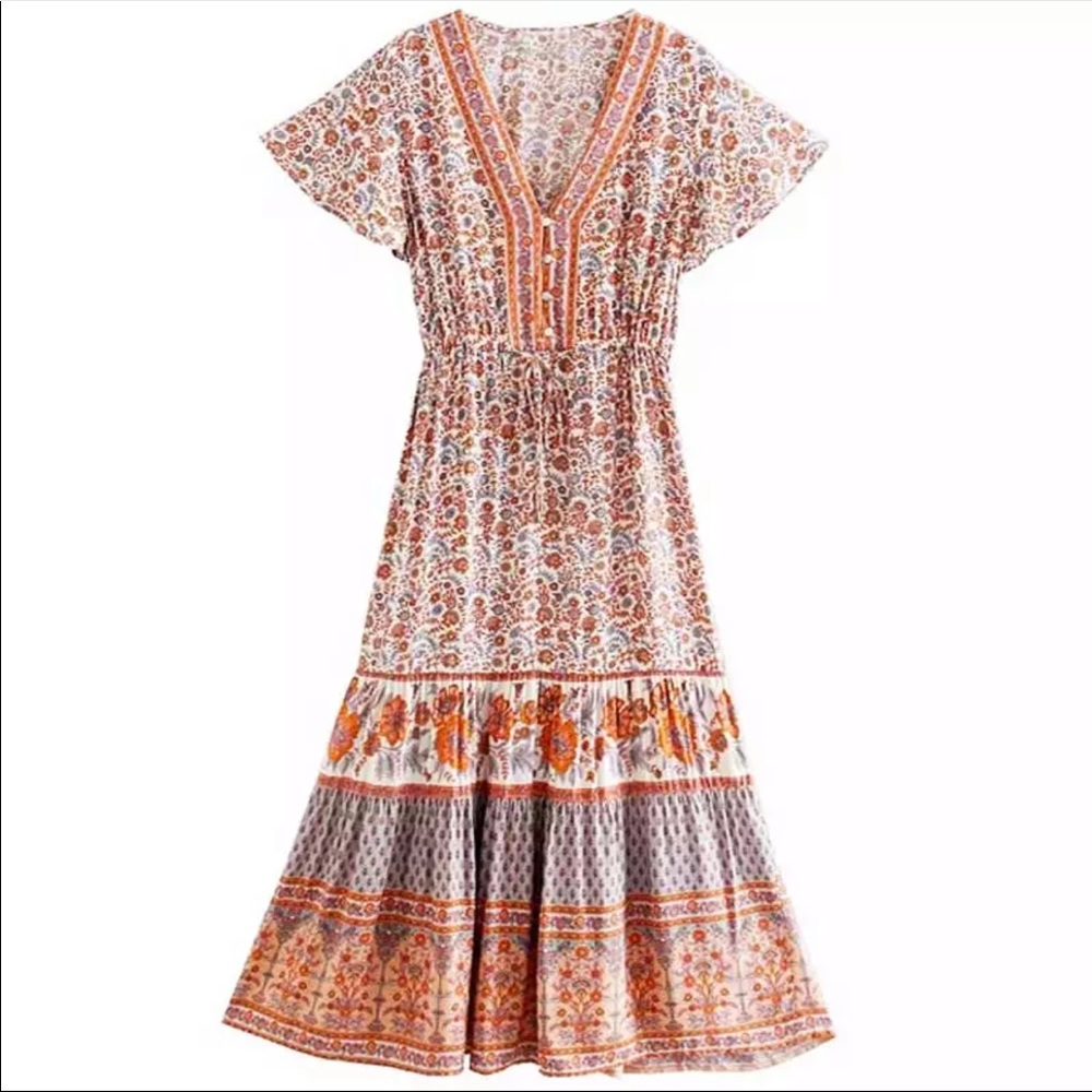 Boho Floral Gypsy Stripe Print Maxi Dress teal - Picture 9 of 16